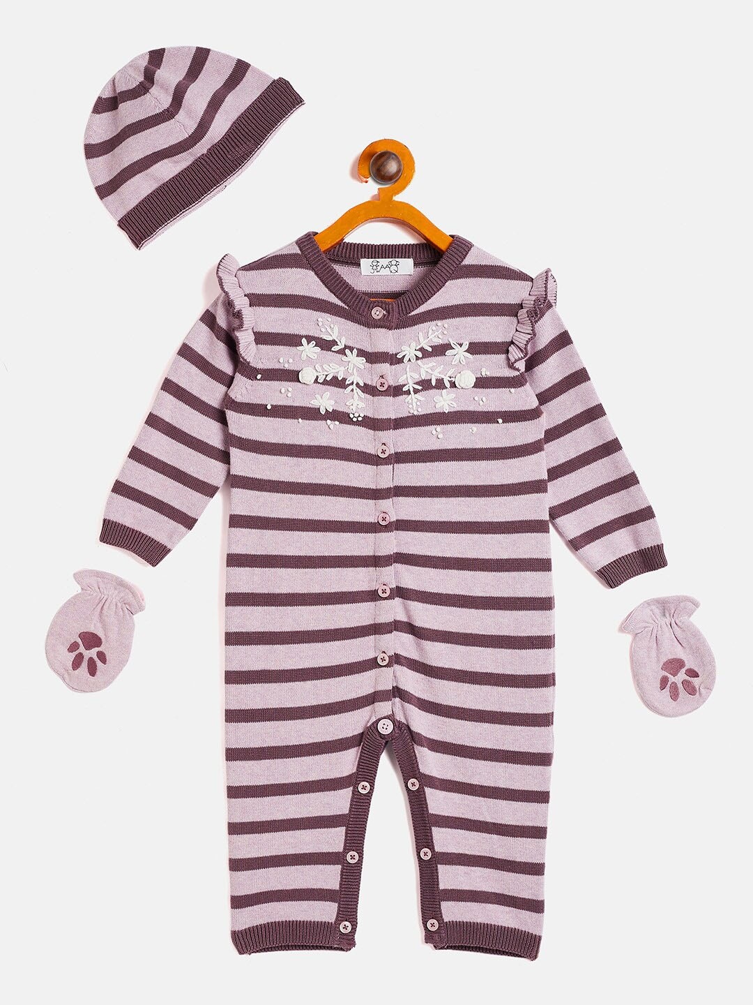 

JWAAQ Infants Striped Pure Cotton Rompers With Cap & Mittens, Purple