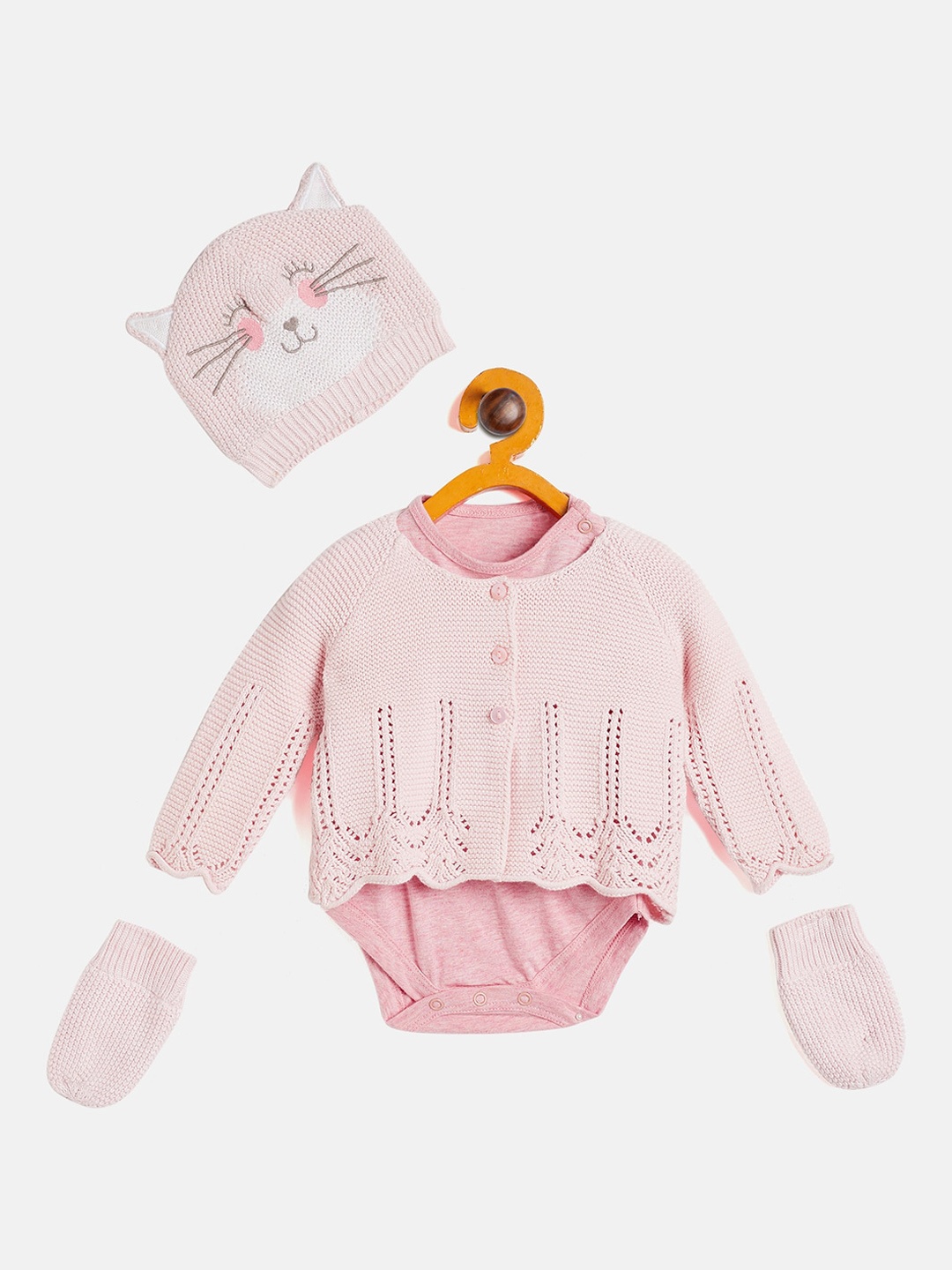 

JWAAQ Infant Girls Set Of 4 Winter Bodysuits With Sweater, Cap & Mittens, Pink