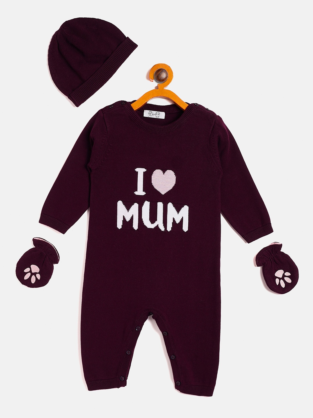 

JWAAQ Printed Pure Cotton Sleepsuit With Cap & Mittens, Purple