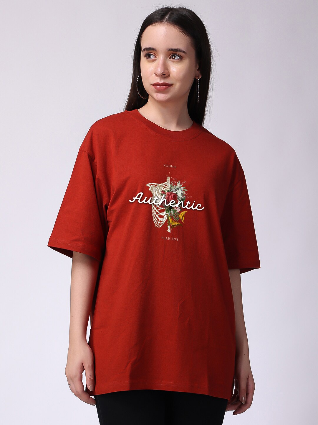 

The Label Bar Typography Printed Drop Shoulder Sleeves Cotton Oversized T-shirt, Rust