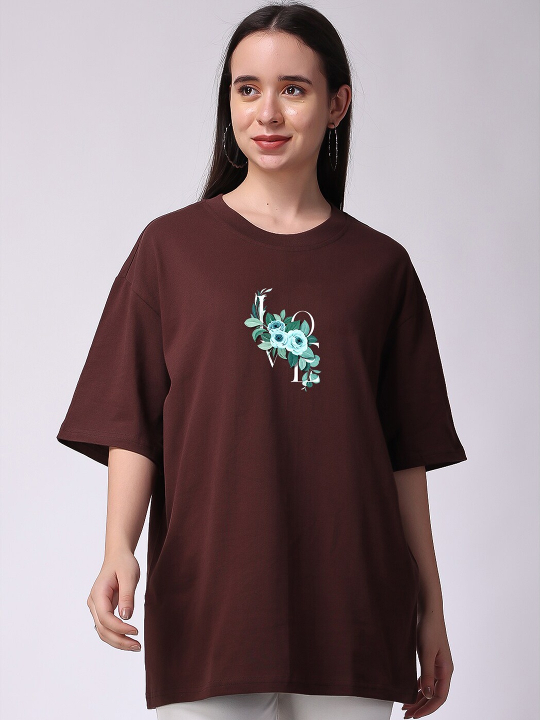 

The Label Bar Floral Printed Drop Shoulder Sleeves Cotton Oversized T-shirt, Brown