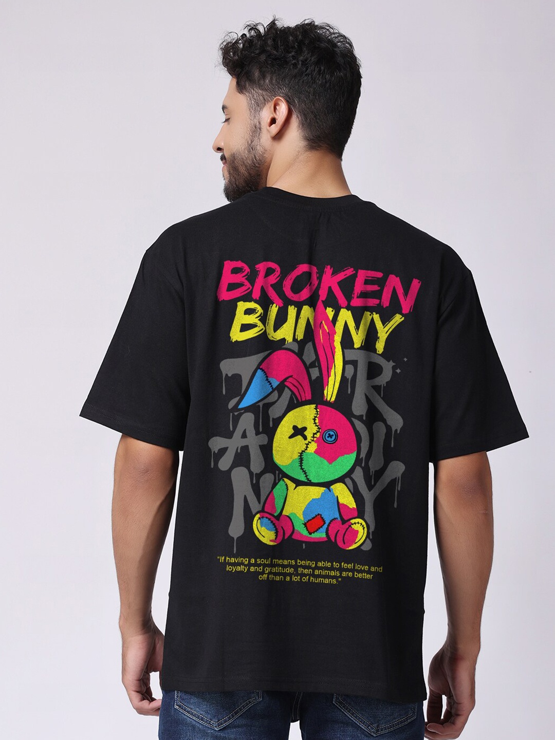 

The Label Bar Fighter Broken Bunny Printed Drop-Shoulder Oversized Cotton T-Shirt, Black