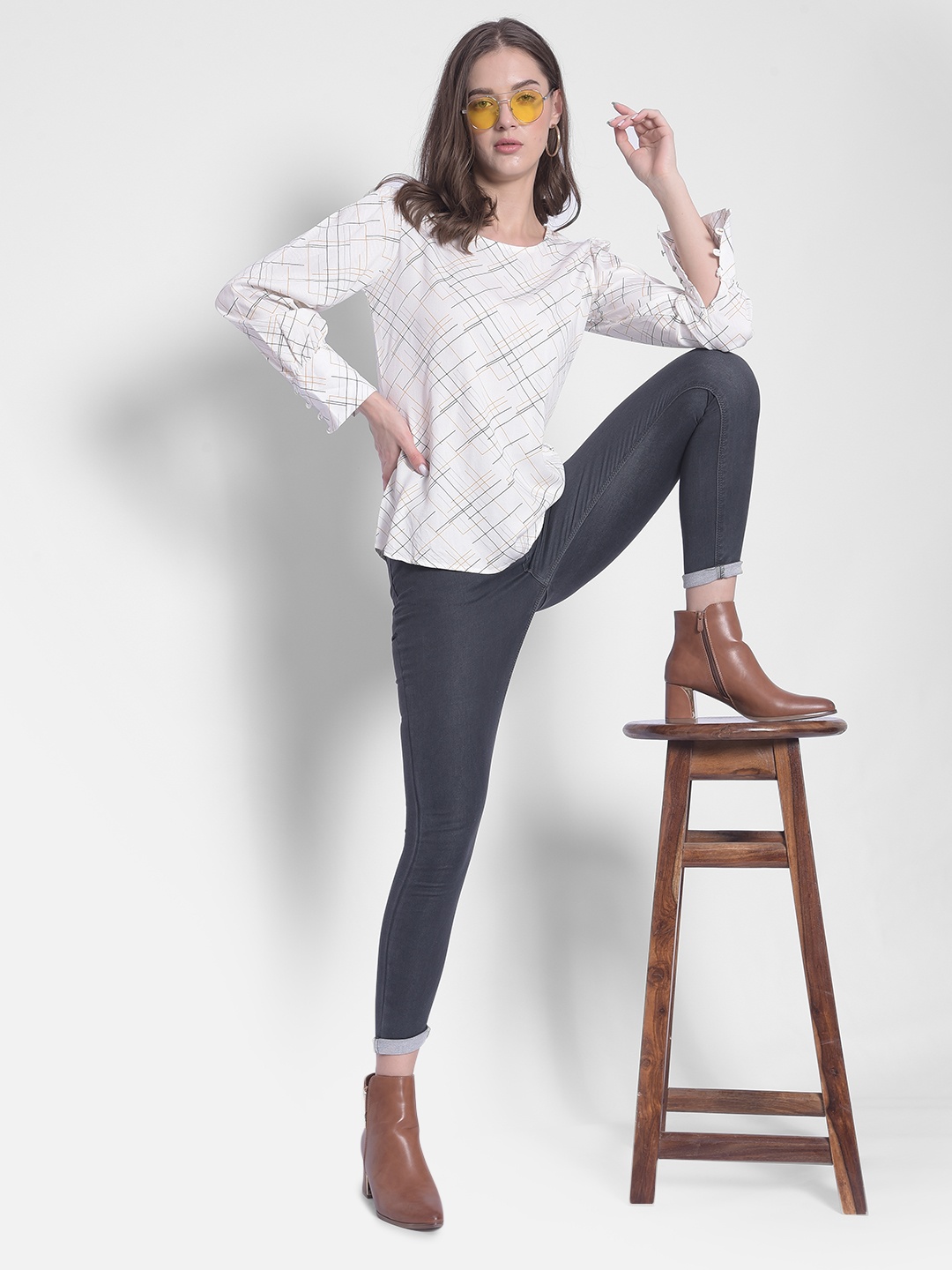 

Crimsoune Club Striped Cuffed Sleeves Top, White