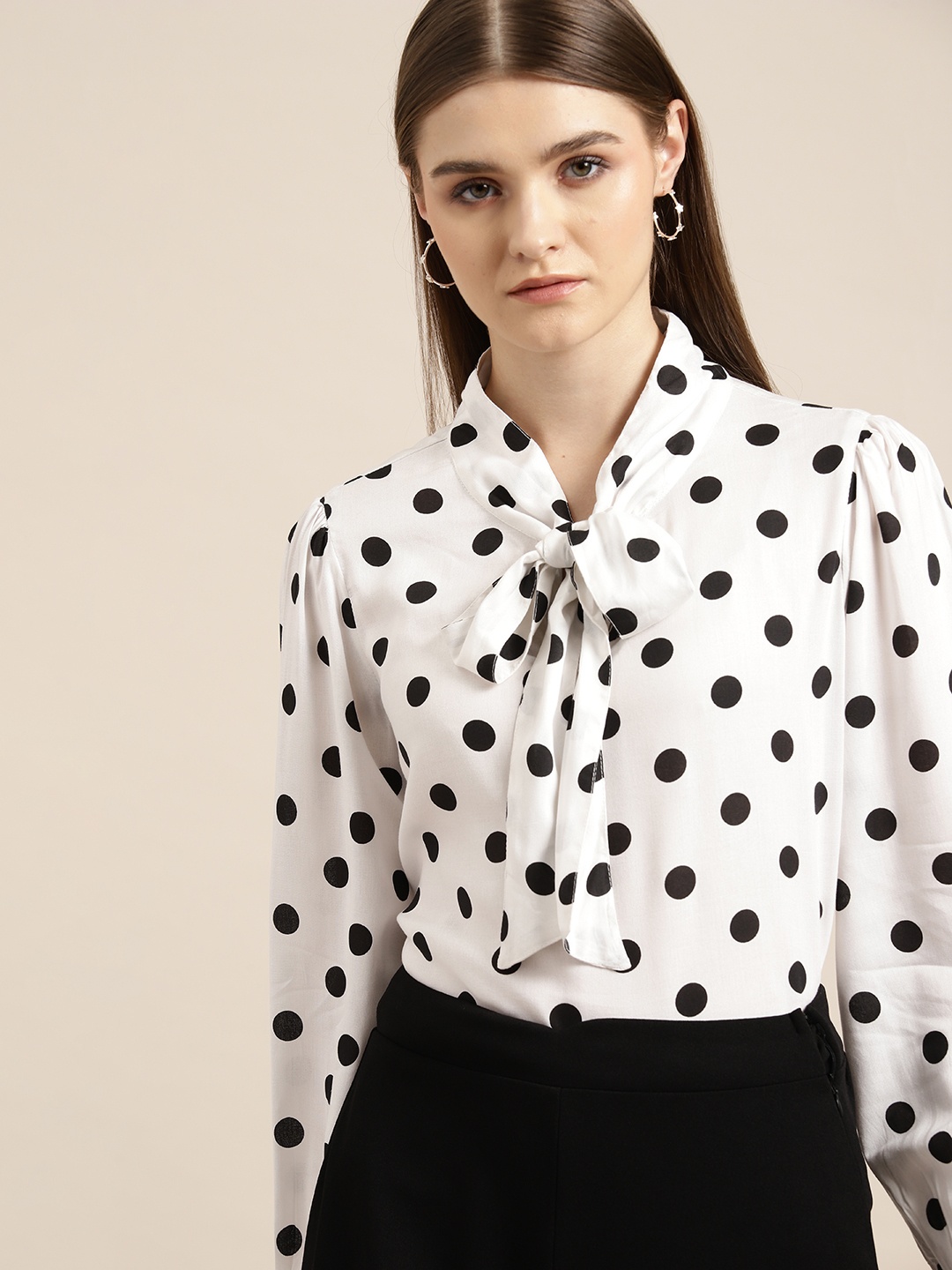 

her by invictus Polka Dot Print Tie-Up Neck Puff Sleeve Shirt Style Top, White