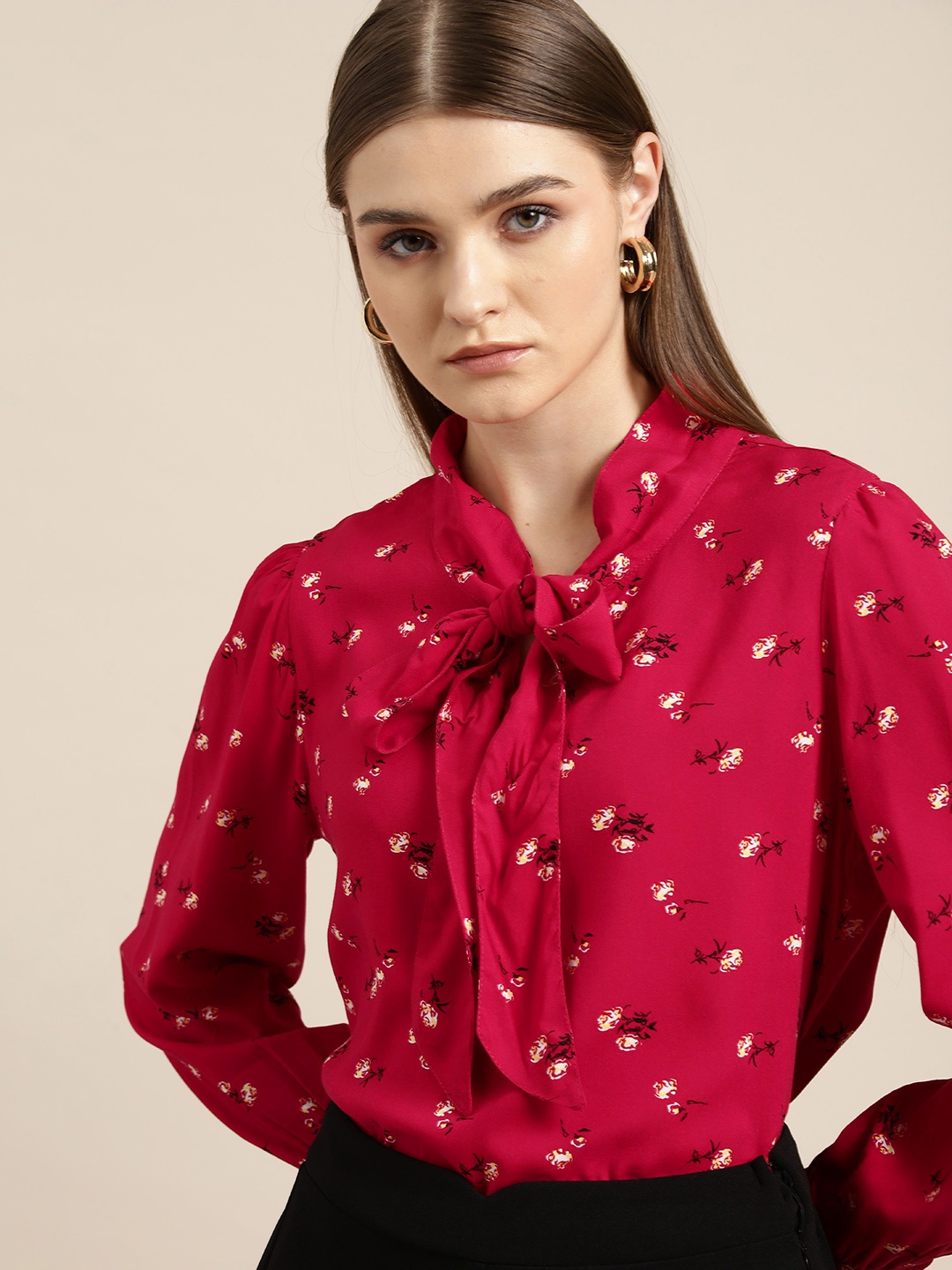 

her by invictus Floral Print Tie-Up Neck Puff Sleeve Shirt Style Top, Red