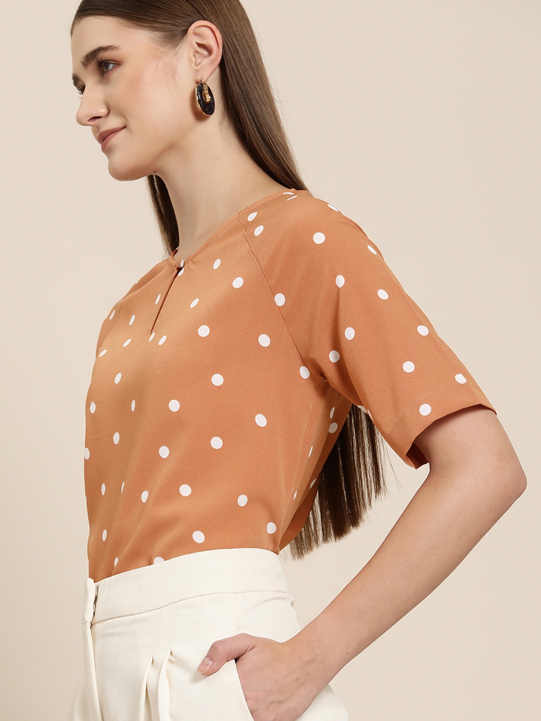 

her by invictus Polka Dots Printed Keyhole Neck Top, Rust