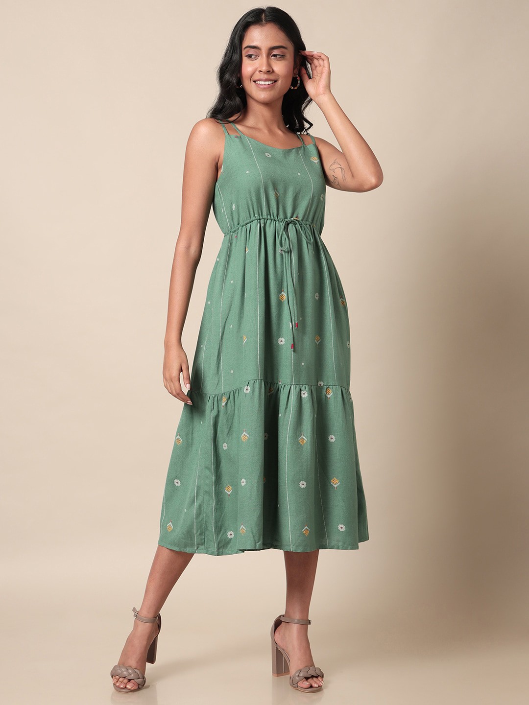 

Saaki Ethnic Motifs Printed A-Line Midi Dress, Green