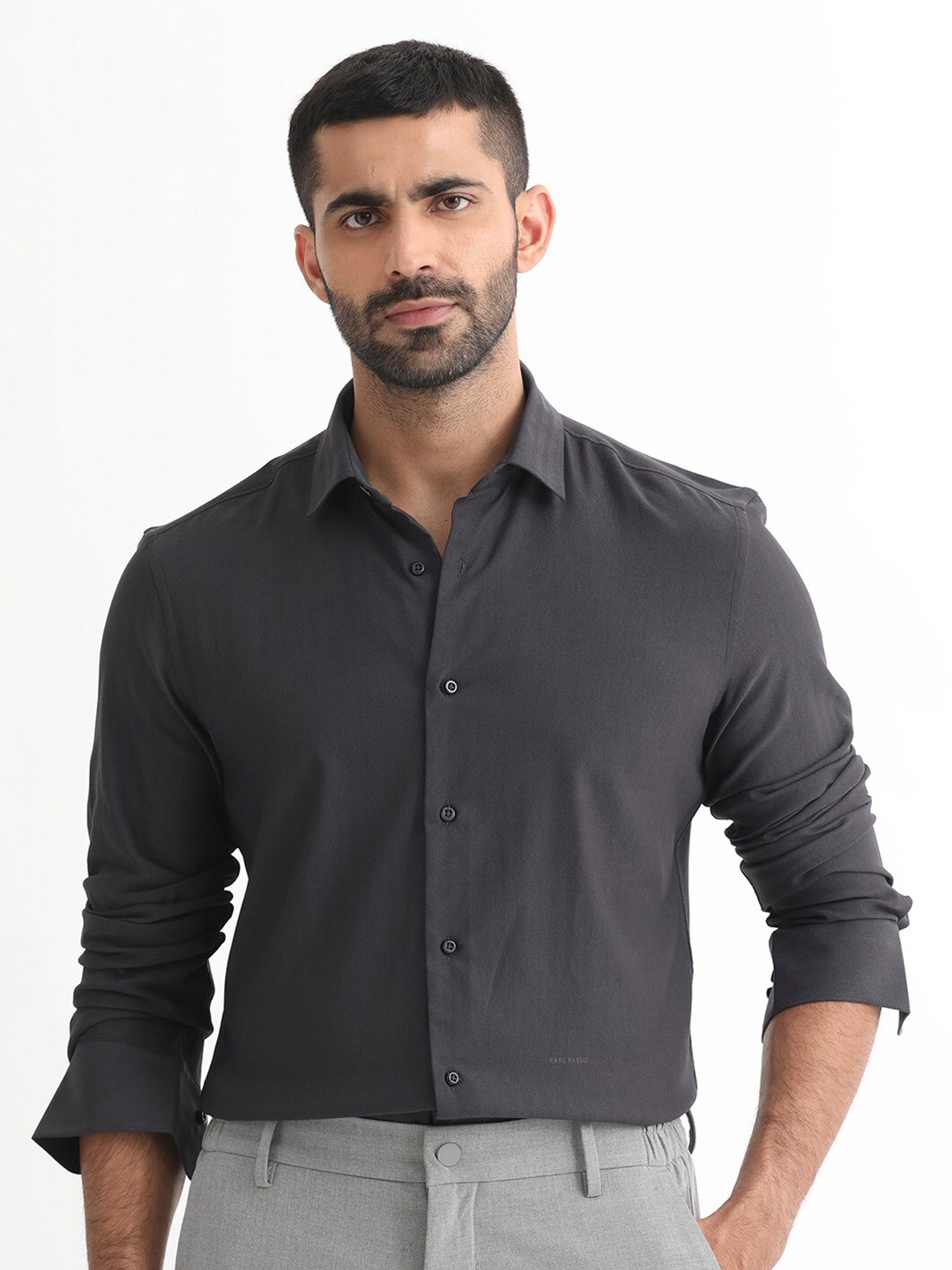 

RARE RABBIT Men Me Slim Fit Spread Collar Cotton Shirt, Grey