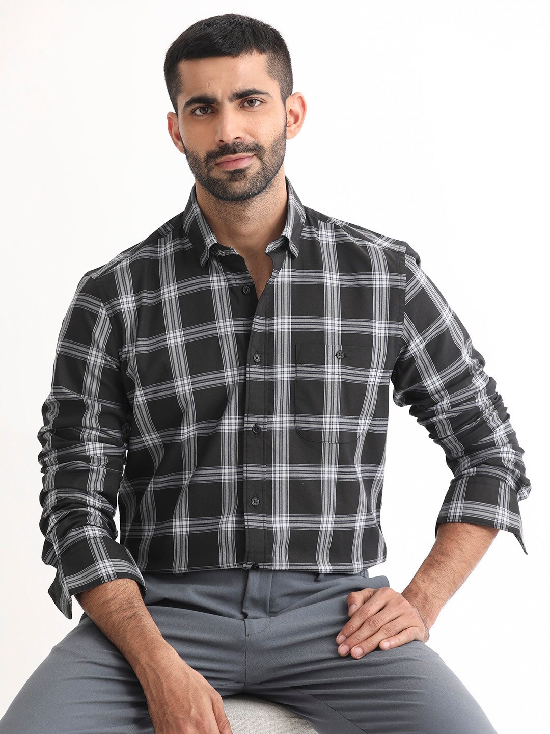 

RARE RABBIT Men Imperial Slim Fit Checked Cotton Shirt, Black