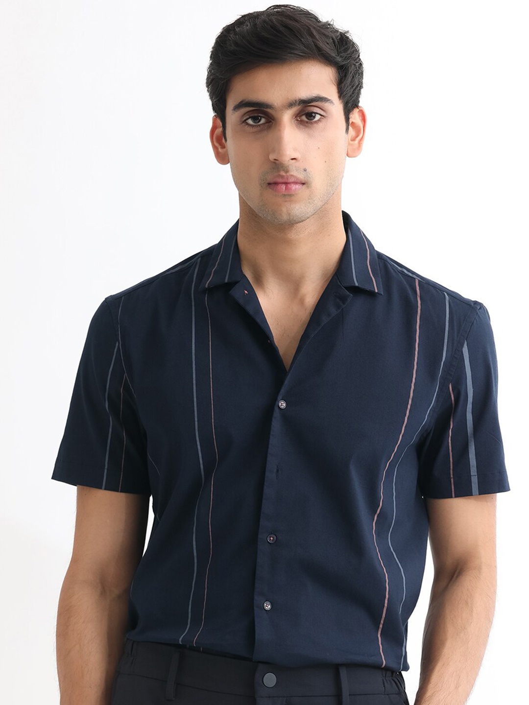 

RARE RABBIT Men Morlac Striped Slim Fit Cotton Shirt, Navy blue