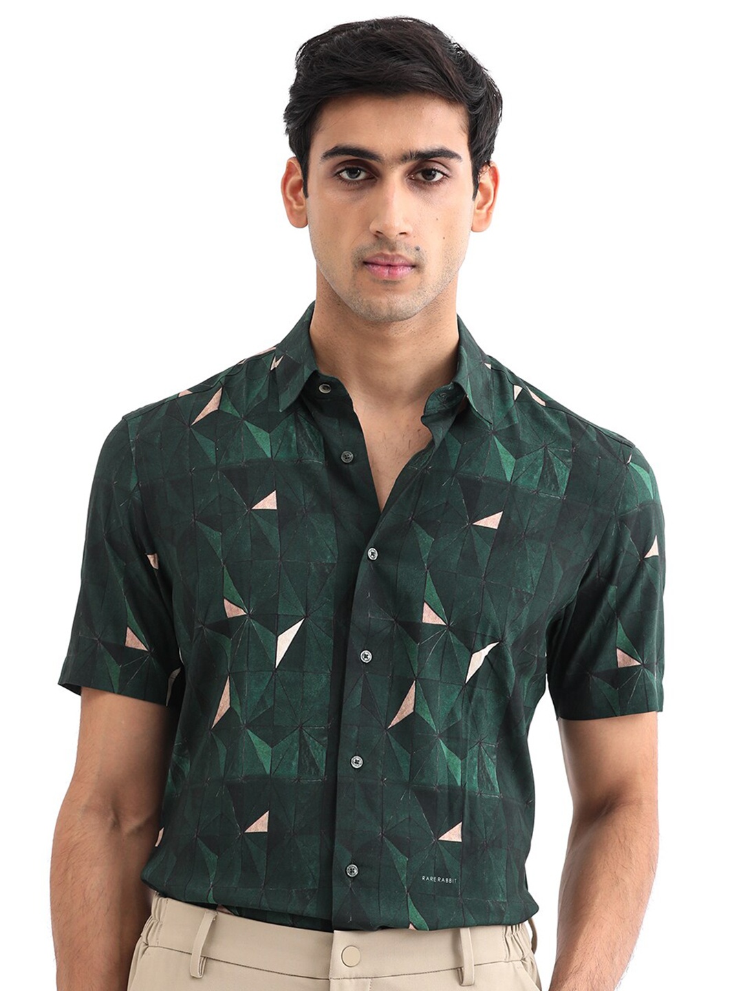 

RARE RABBIT Men Mose Slim Fit Geometric Printed Cotton Shirt, Green