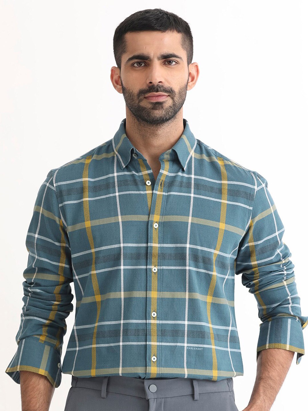 

RARE RABBIT Men Keller Slim Fit Opaque Checked Cotton Shirt, Navy blue