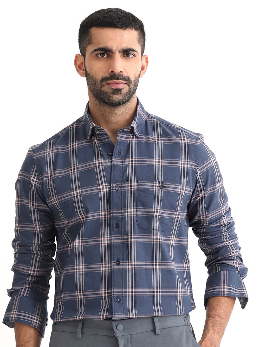 

RARE RABBIT Men Imperial Slim Fit Opaque Checked Cotton Shirt, Blue