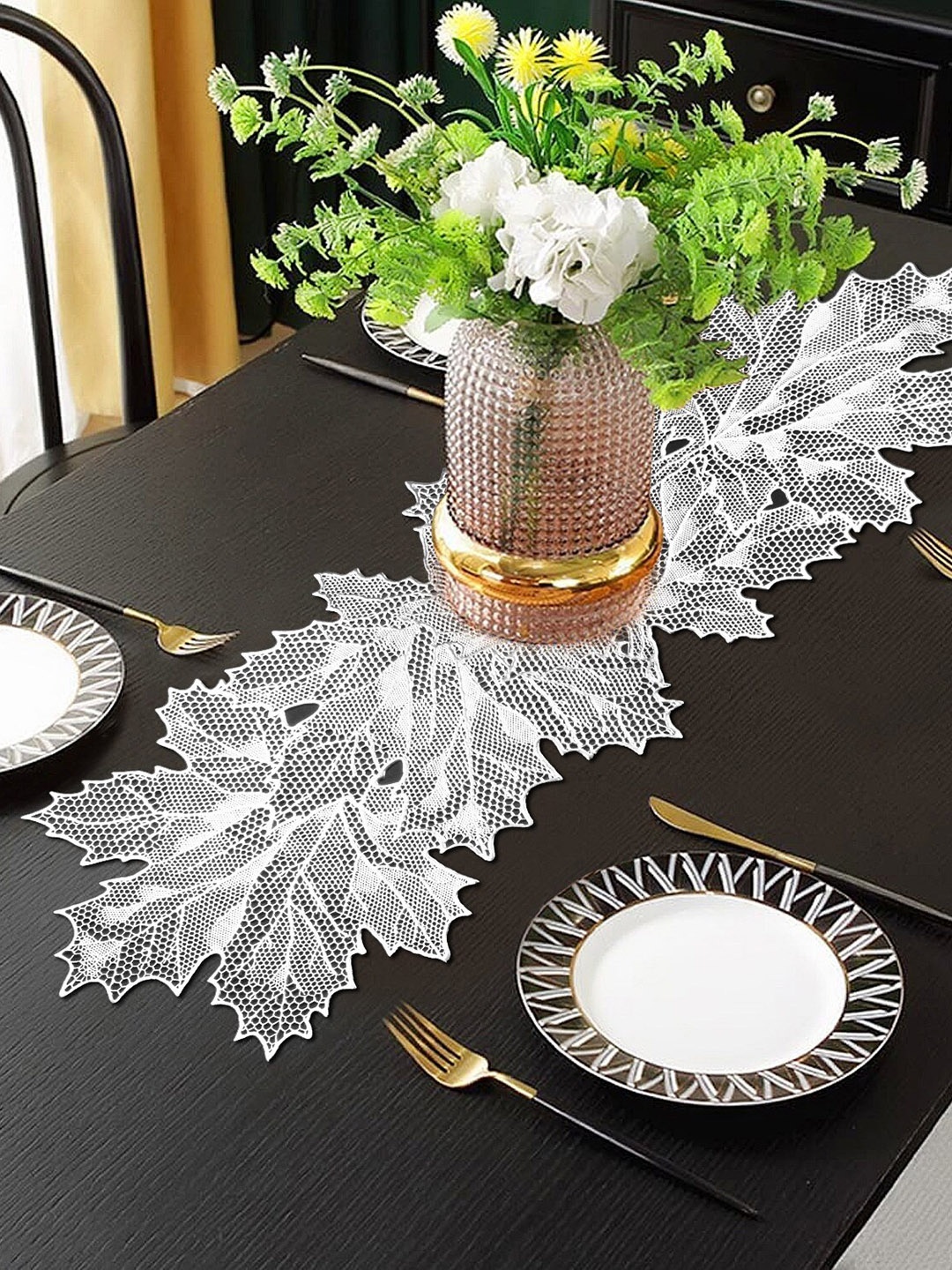 

Dakshya Industries White Textured Waterproof Table Runner, Silver