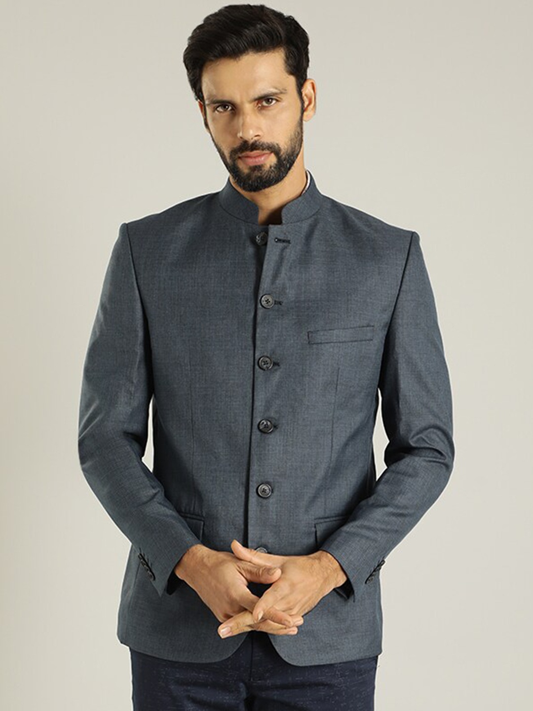 

Indian Terrain Mandarin Collar Bandhgala Casual Blazer, Blue