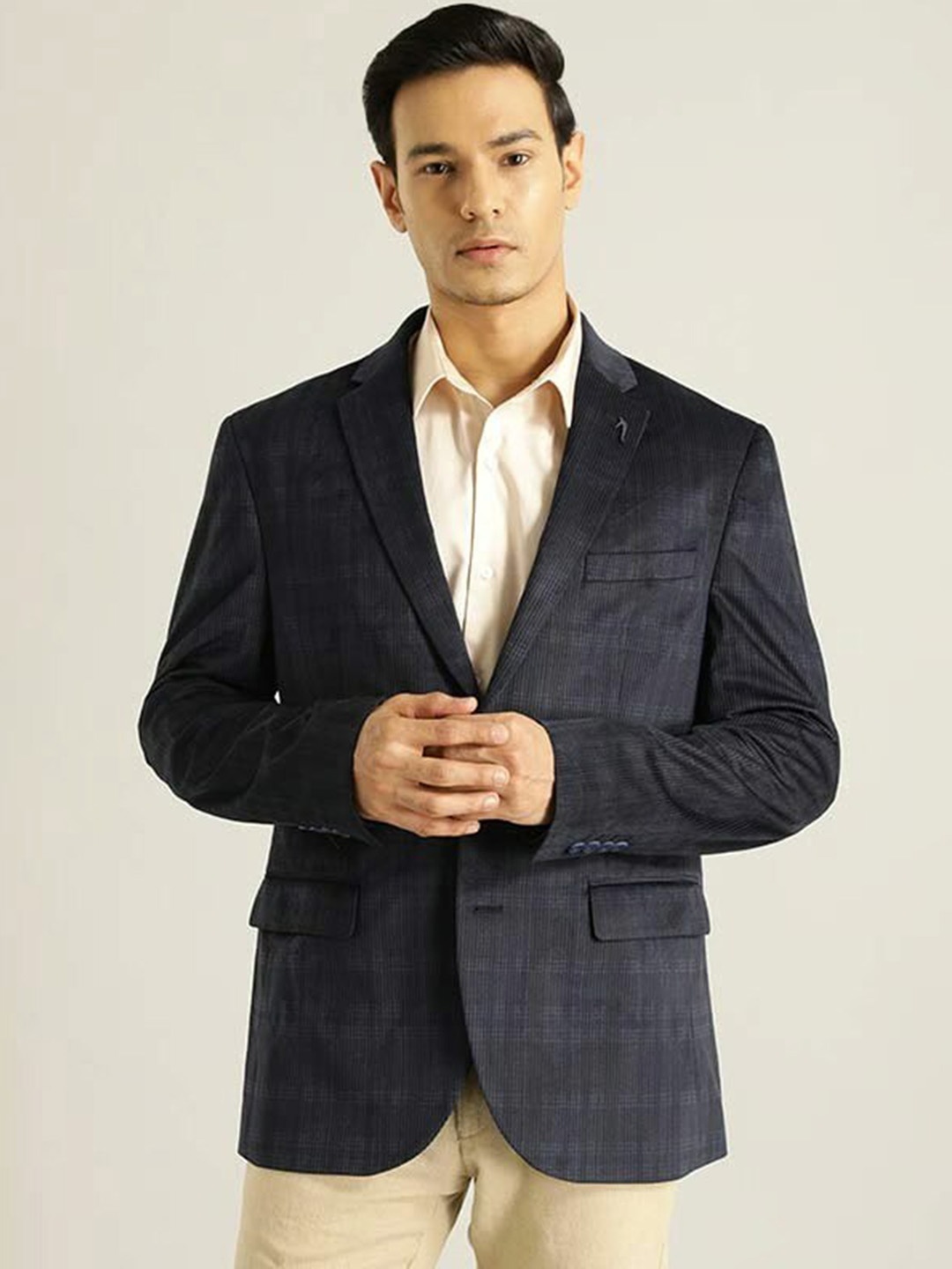 

Indian Terrain Notched Lapel Checked Single Breasted Blazer, Navy blue
