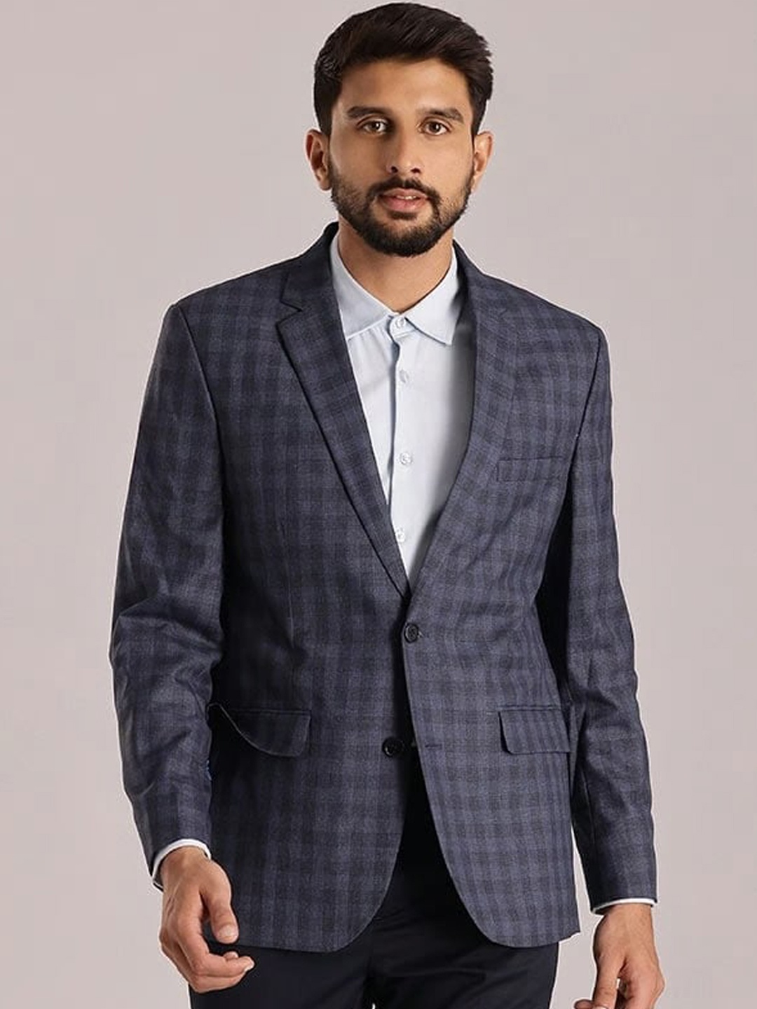 

Indian Terrain Notched Lapel Checked Single Breasted Blazer, Navy blue