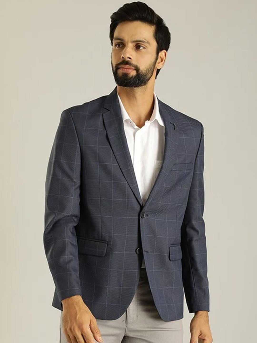 

Indian Terrain Men Checked Regular-Fit Single-Breasted Formal Blazer, Navy blue