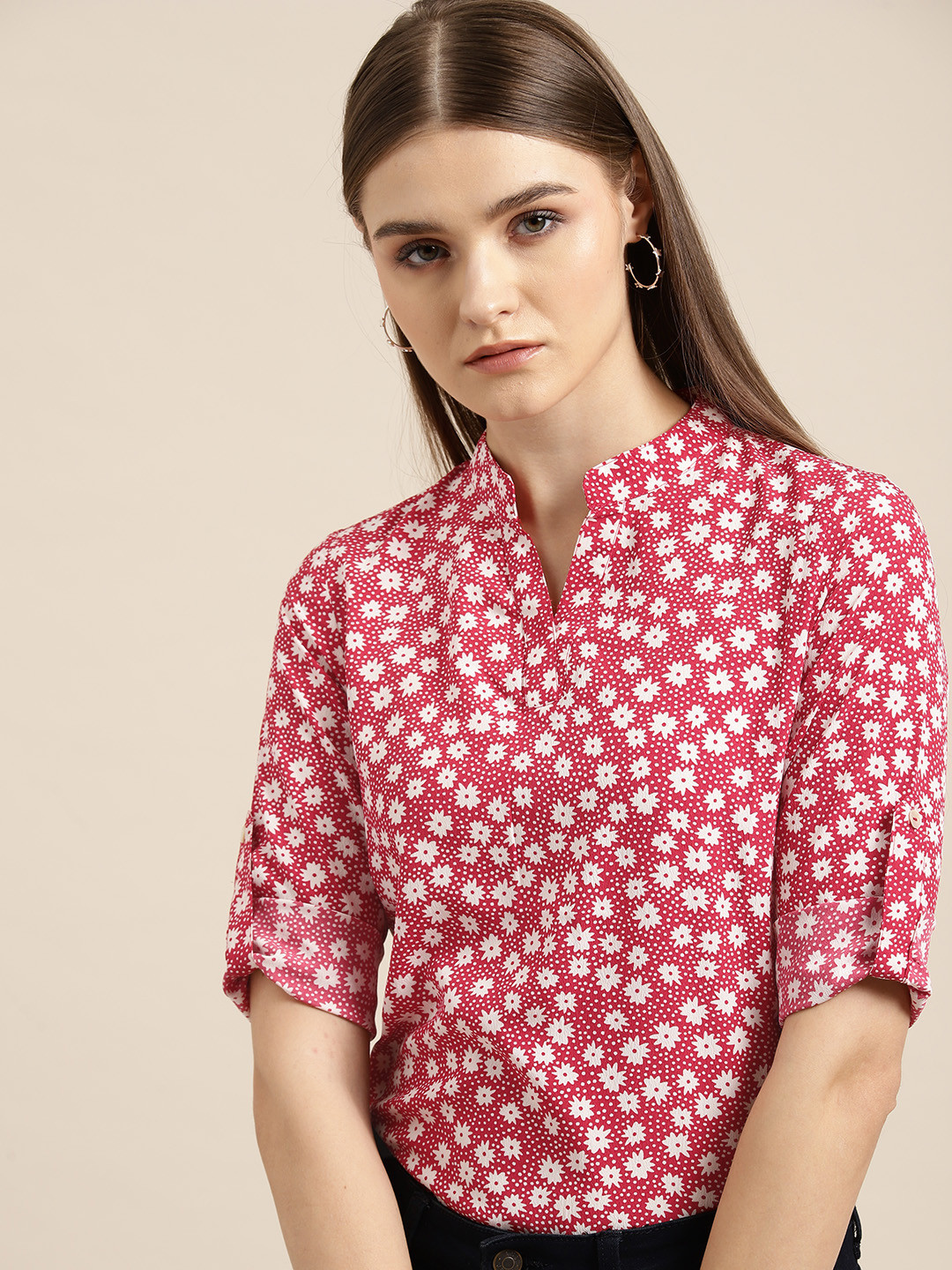 

her by invictus Floral Print Mandarin Collar Roll-Up Sleeves Top, Red
