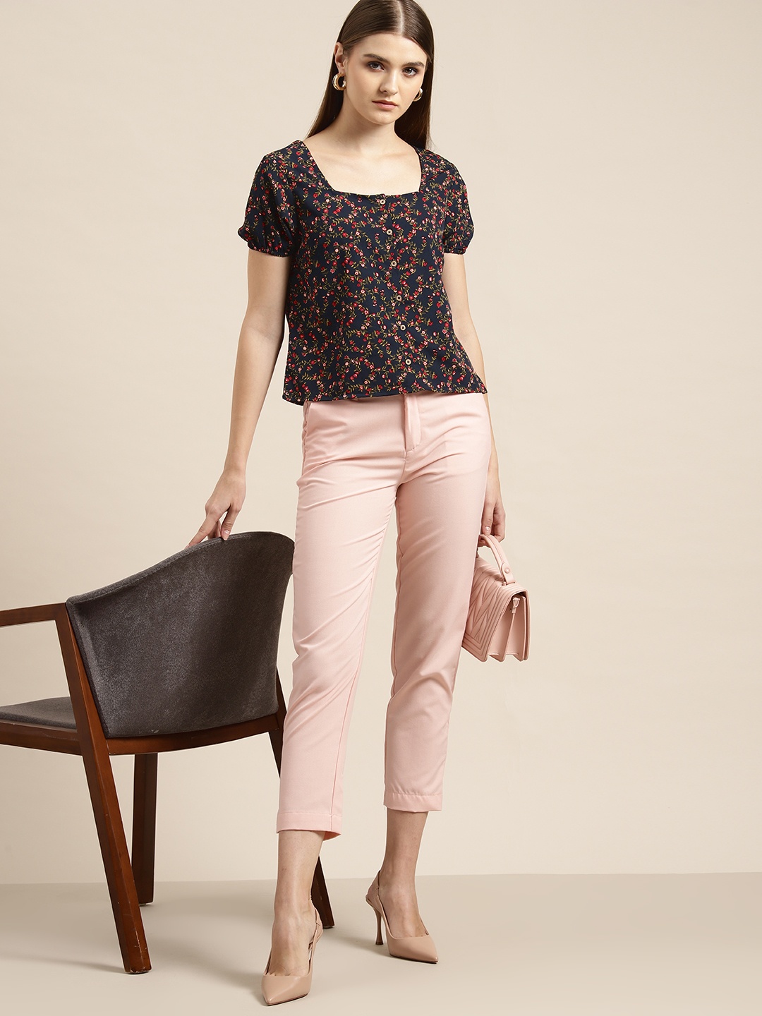 

her by invictus Floral Print Puff Sleeves Top, Navy blue