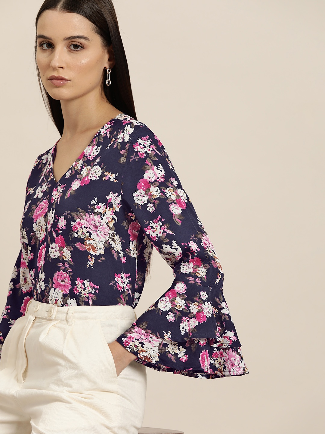 

her by invictus Blue & Pink Floral Print Bell Sleeve Top