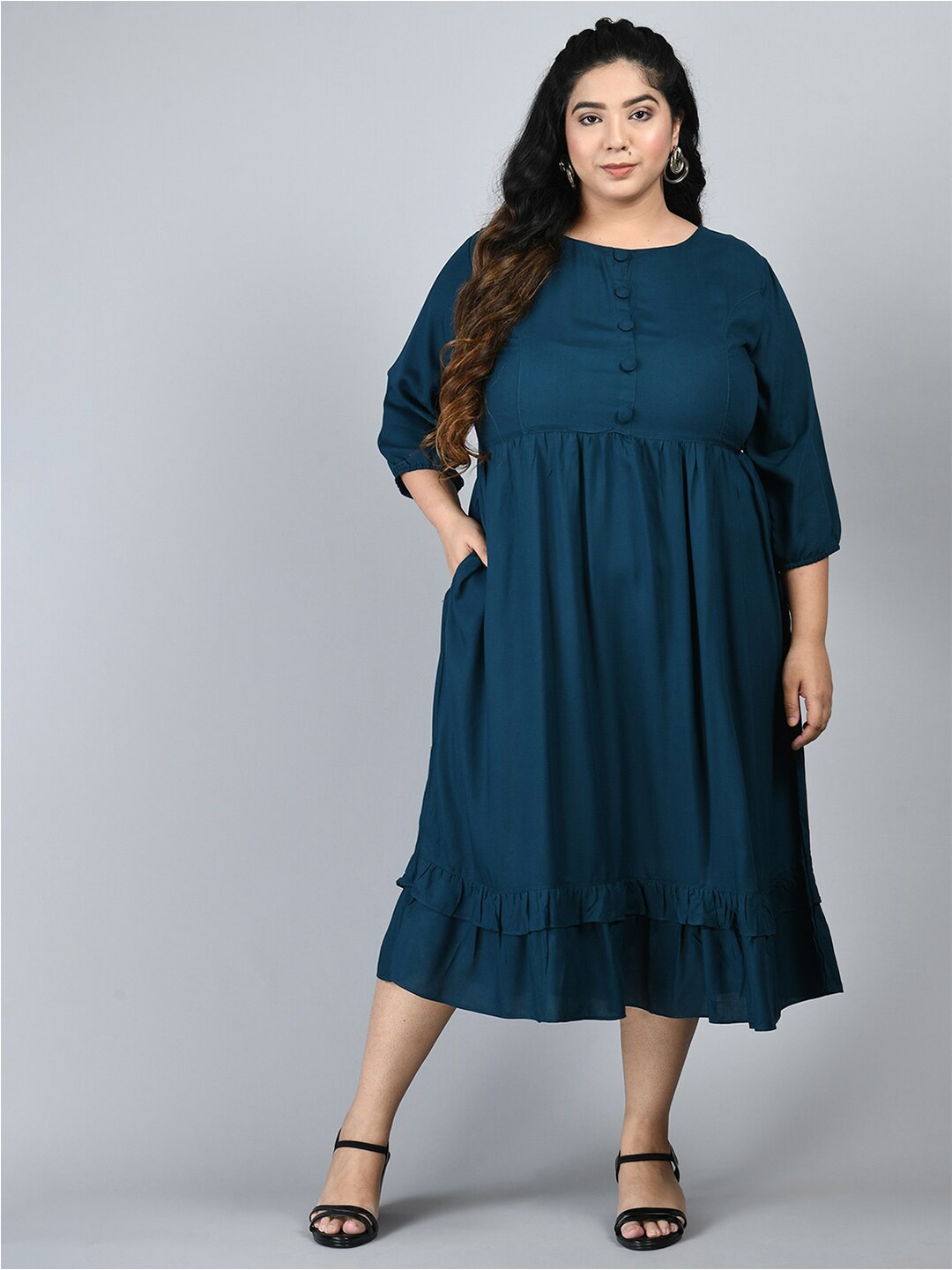 PrettyPlus by Desinoor.com Plus Size Round Neck A-Line Midi Dress, Teal