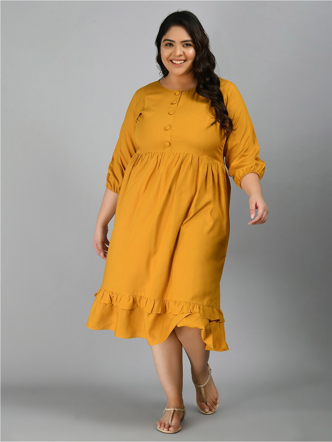 PrettyPlus by Desinoor.com Plus Size Round Neck A-Line Midi Dress, Mustard