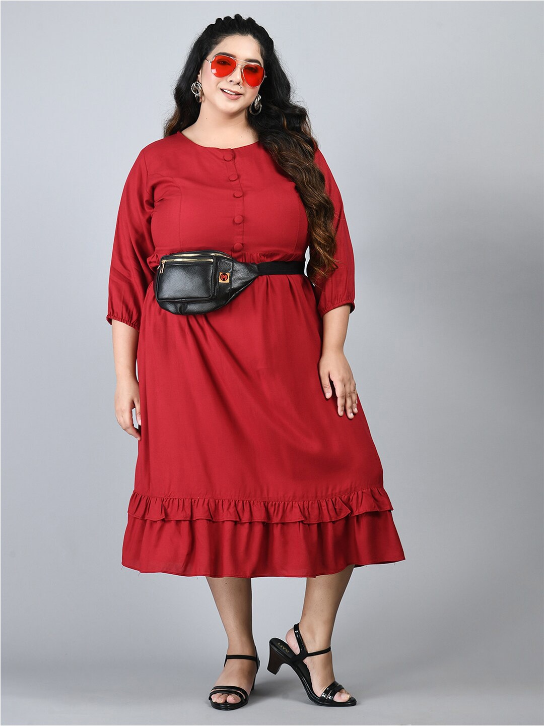 

PrettyPlus by Desinoor.com Plus Size Round Neck Empire Midi Dress, Red