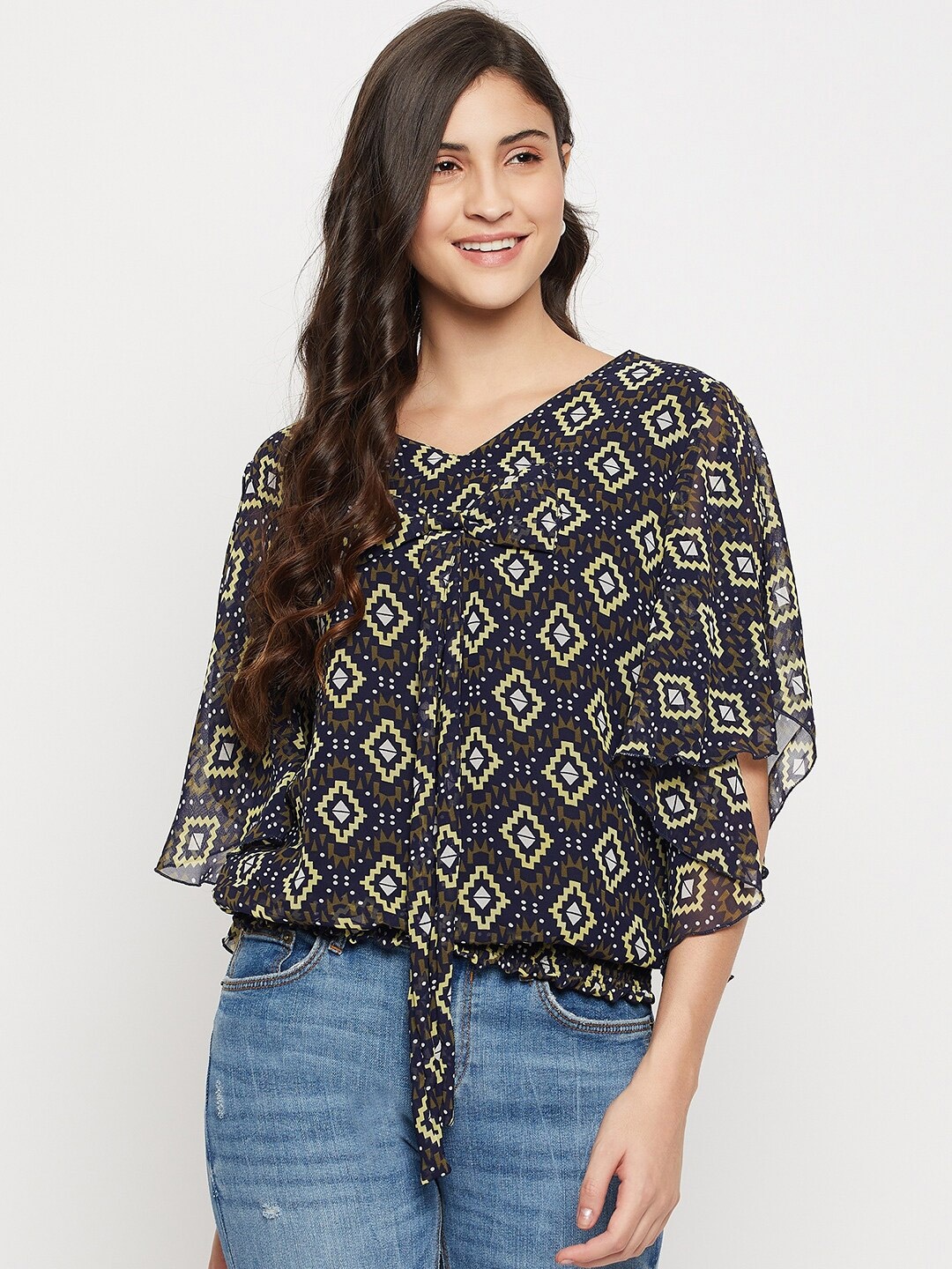 

STYLE BLUSH Geometric Printed Kimono Sleeves Blouson Top, Black