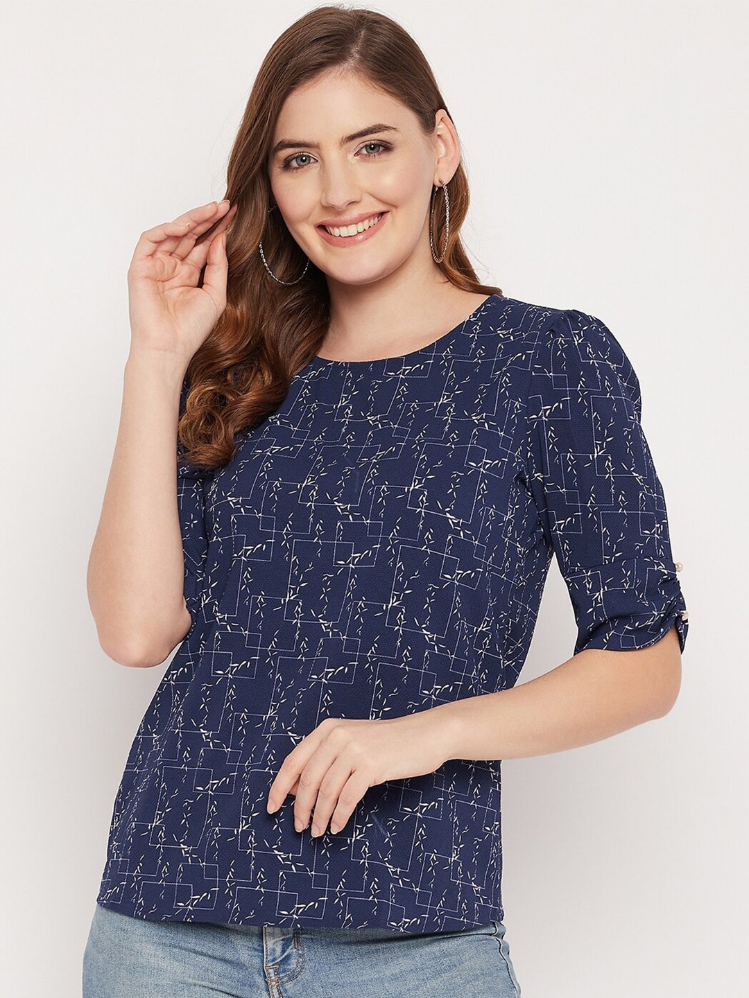 

STYLE BLUSH Floral Printed Puff Sleeves Top, Navy blue