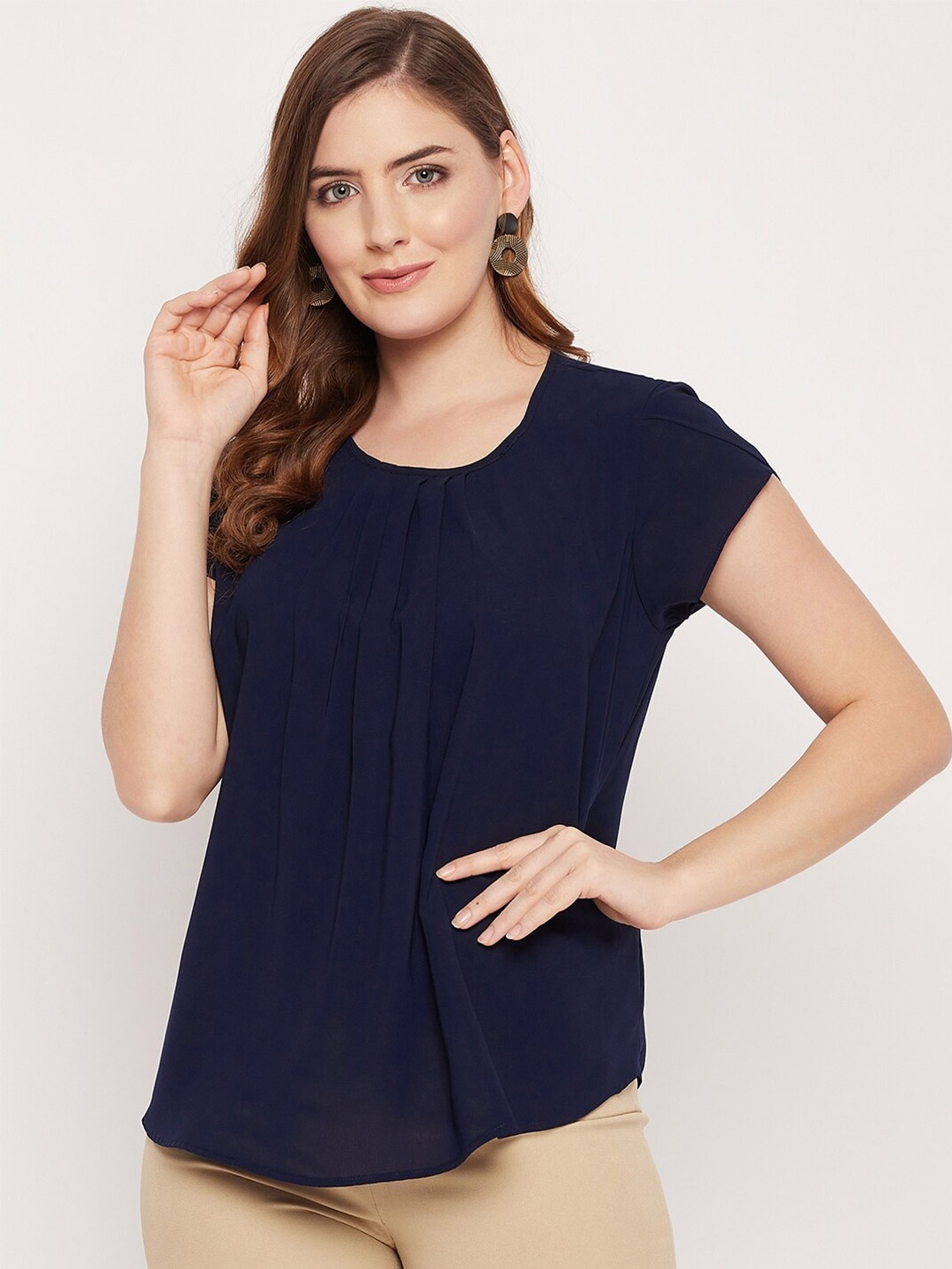 

STYLE BLUSH Front Pleat Round Neck Top, Navy blue