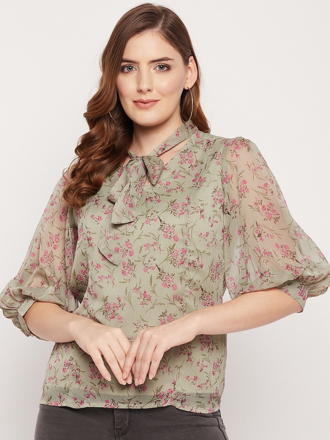 

STYLE BLUSH Floral Printed Tie-Up Neck Puff Sleeves Top, Olive
