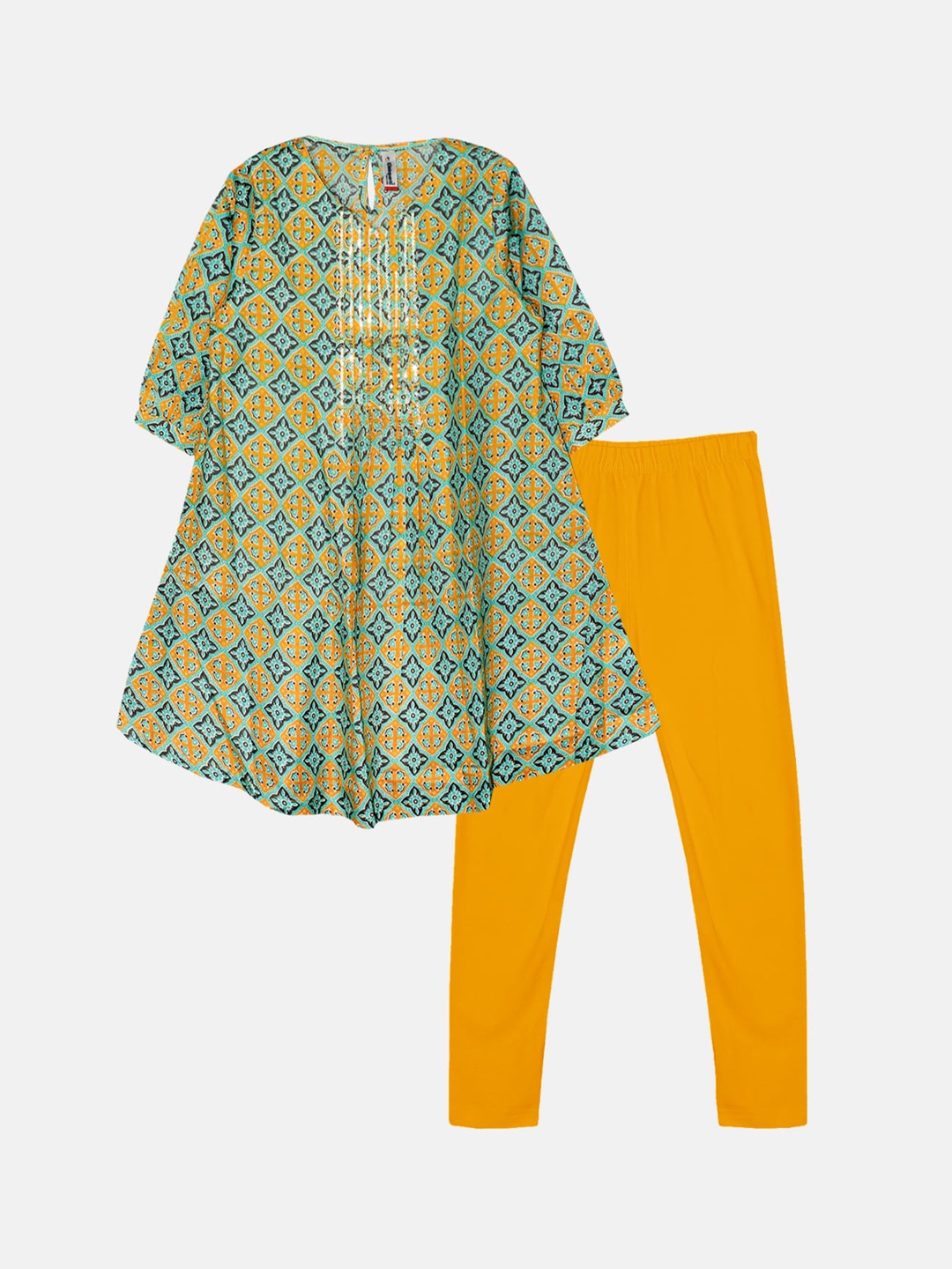 

KiddoPanti Girls Ethnic Motifs Printed Sequined A-Line Pure Cotton Kurta & Leggings, Blue