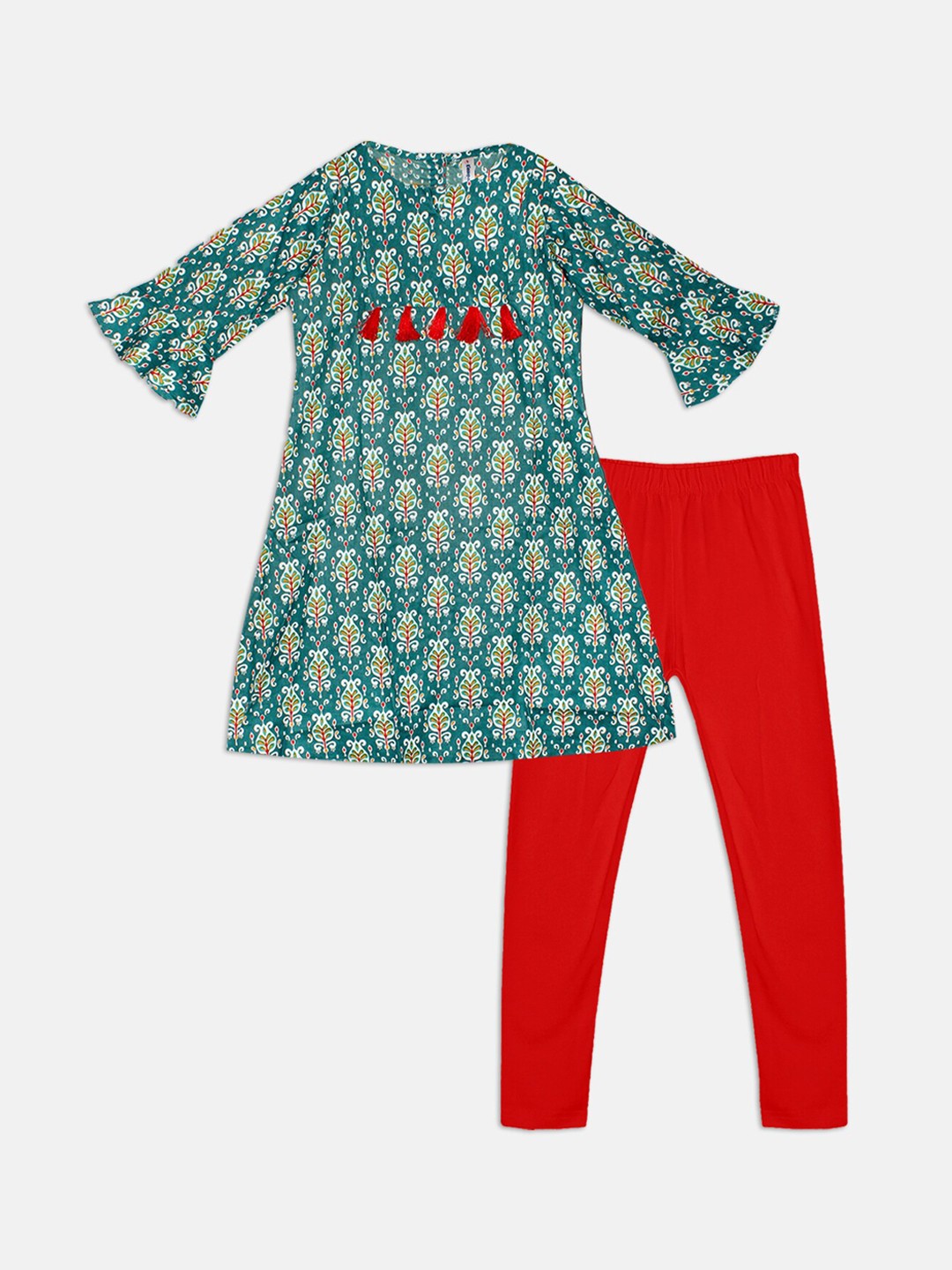 

KiddoPanti Girls Ethnic Motifs Printed Regular Kurta & Leggings, Green