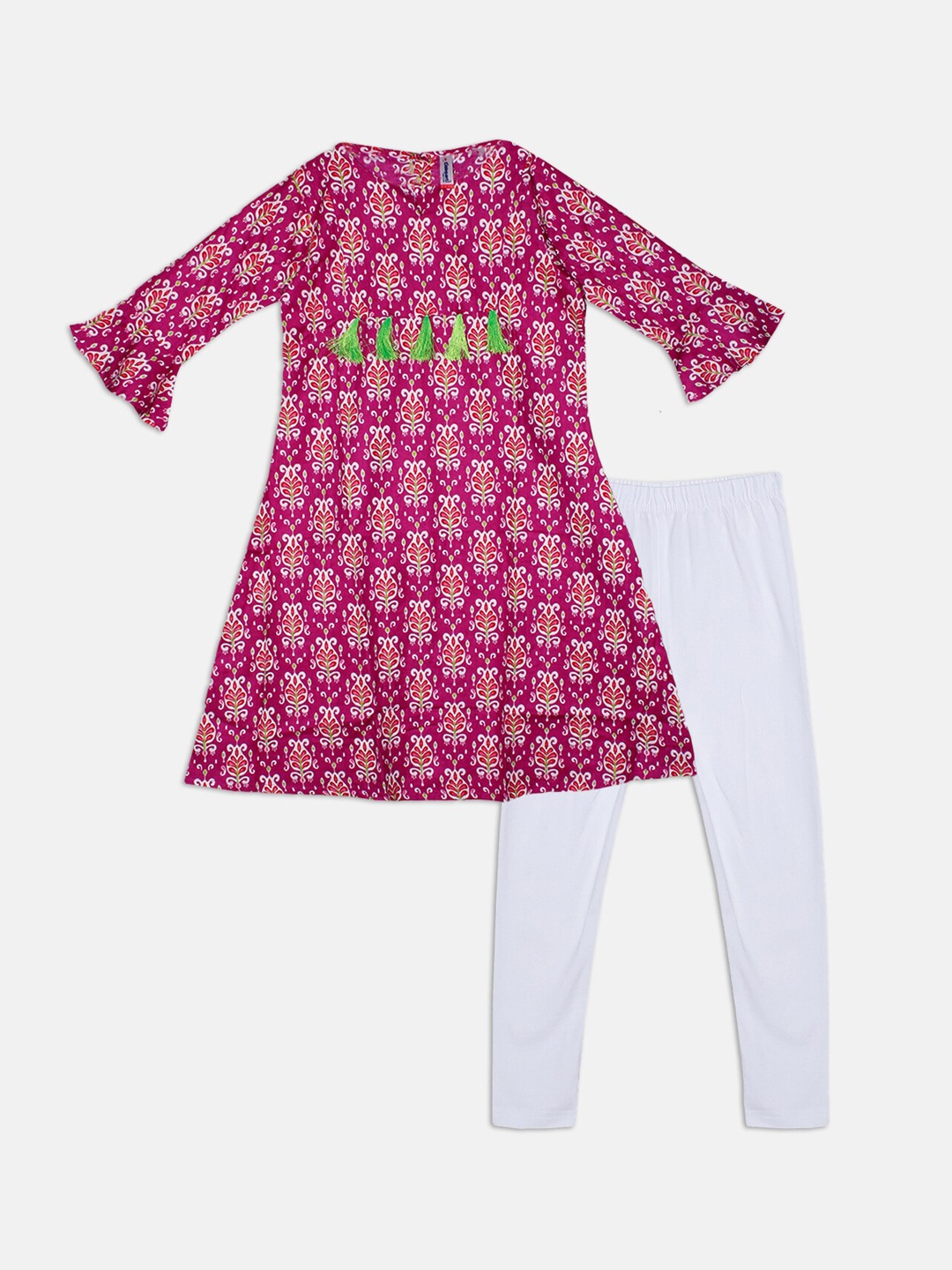 

KiddoPanti Girls Ethnic Motifs Printed A-Line Bell Sleeves Pure Cotton Kurta With Leggings, Red