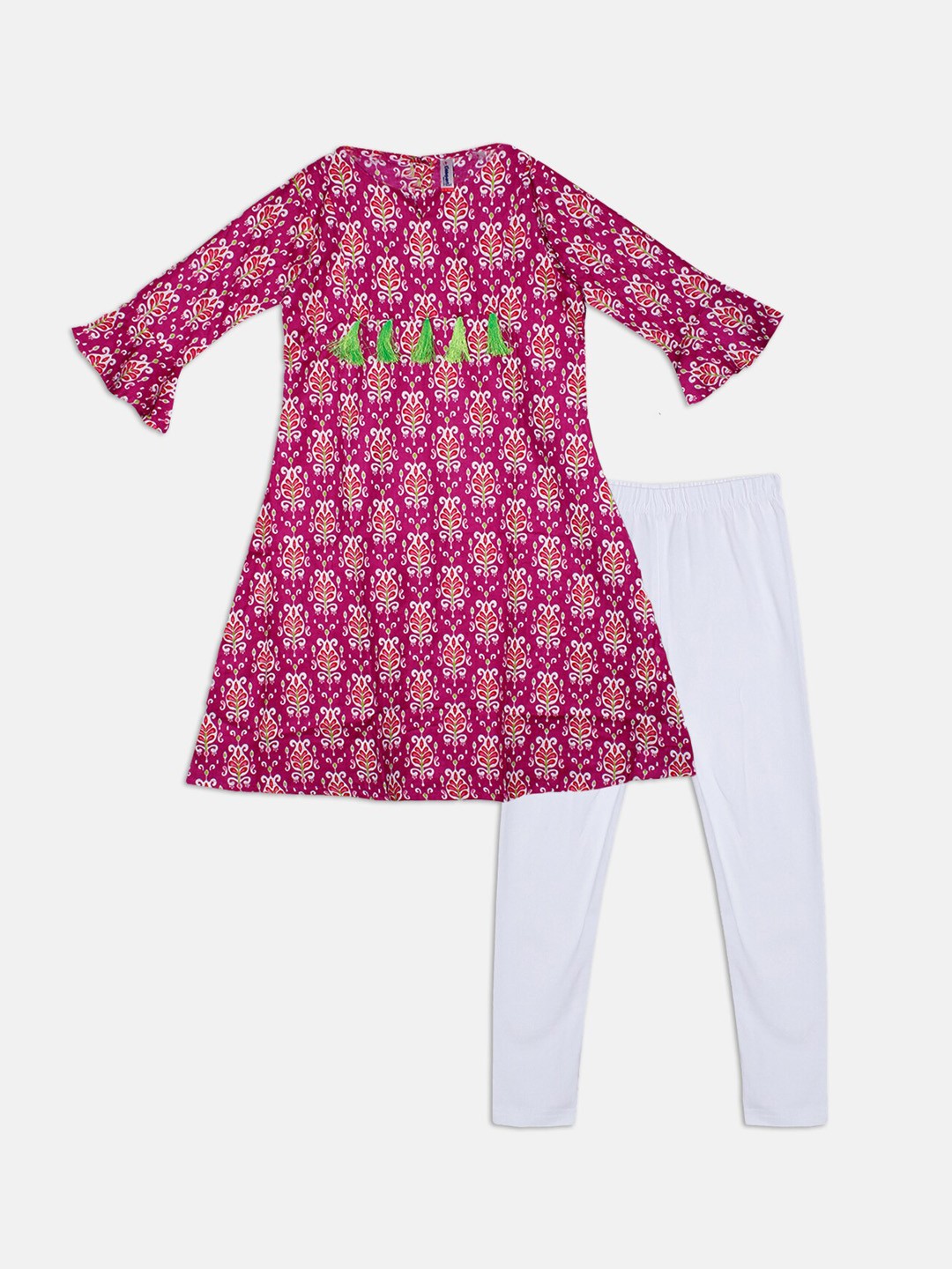 

KiddoPanti Girls Ethnic Motifs Printed A-Line Bell Sleeves Pure Cotton Kurta With Leggings, Red