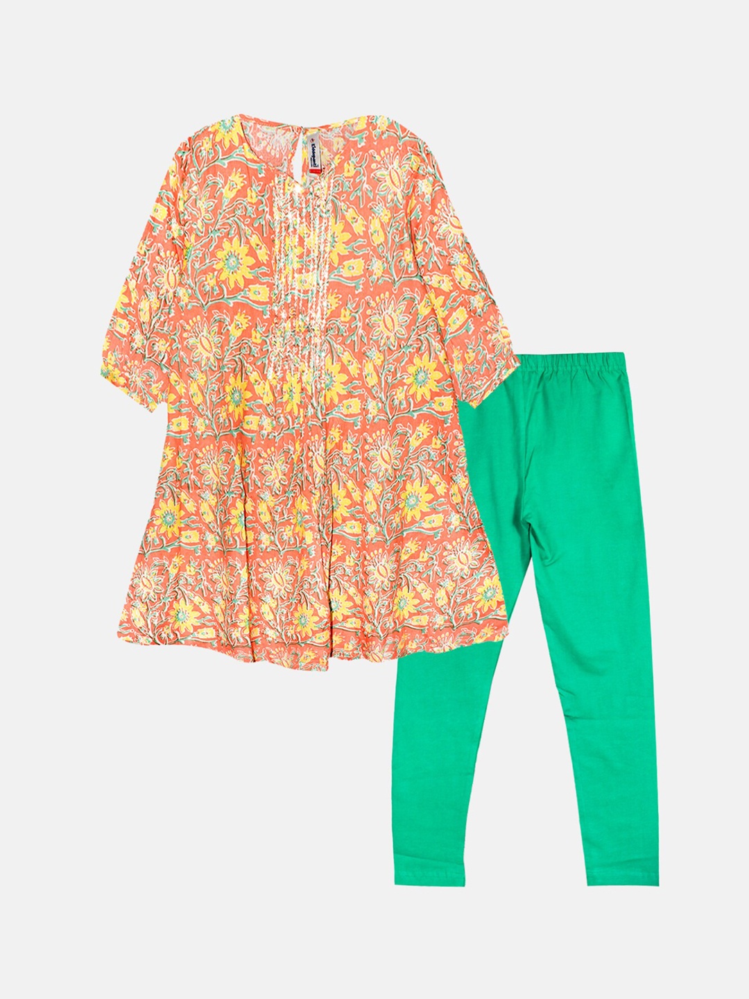 

KiddoPanti Girls Floral Printed Cuffed Sleeves A-Line Kurta & Leggings, Peach