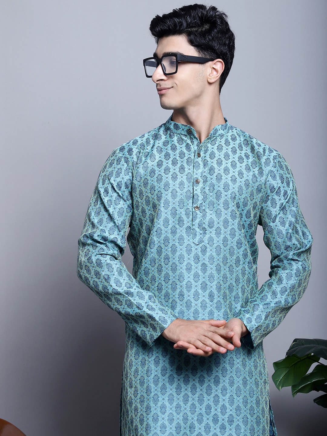 

Jompers Ethnic Motifs Woven Design Mandarin Collar Cotton Silk Jacquard Kurta, Turquoise blue