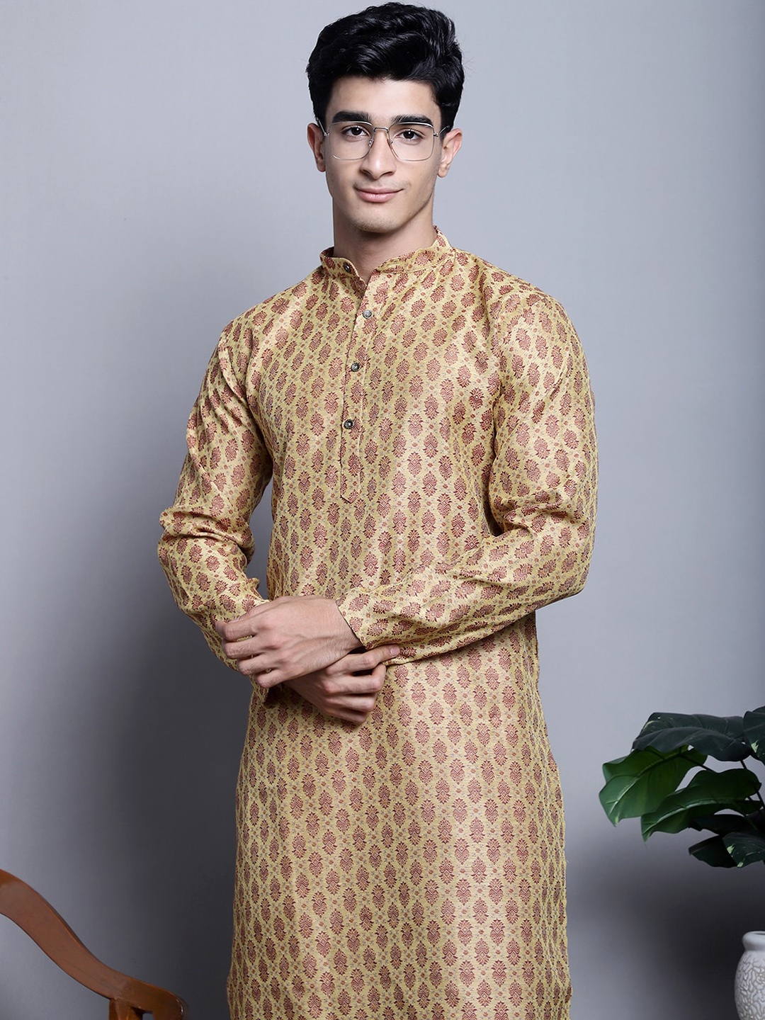 

Jompers Ethnic Motifs Woven Design Mandarin Collar Cotton Silk Jacquard Kurta, Yellow