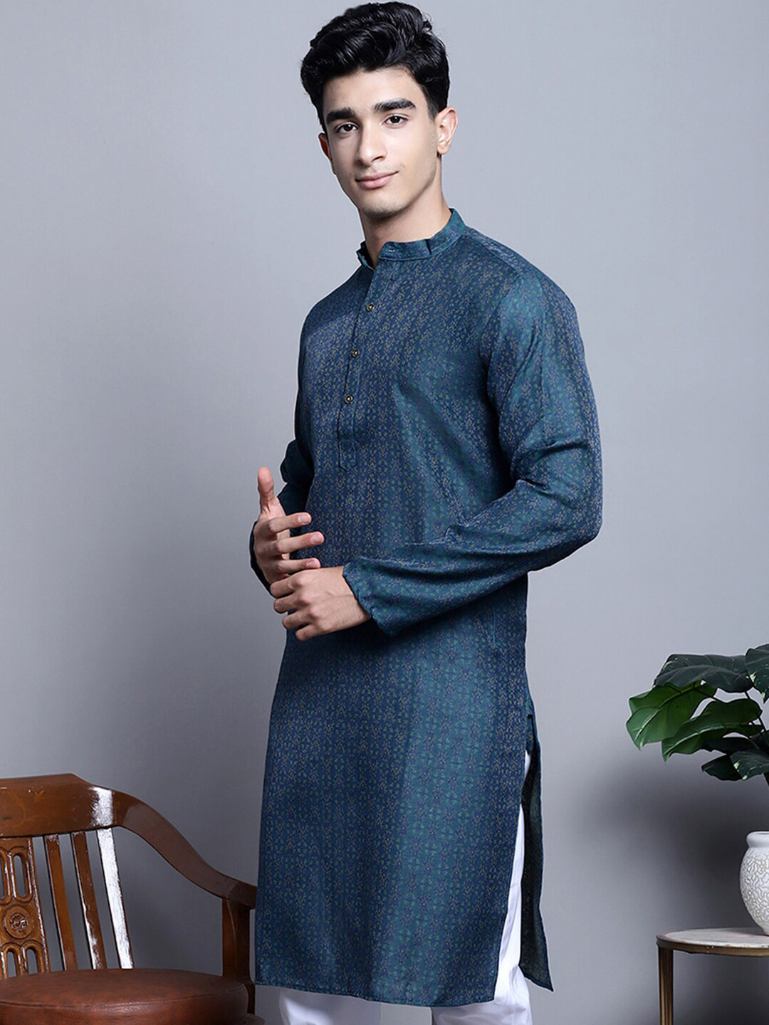 

Jompers Ethnic Motifs Woven Design Jacquard Cotton Silk Kurta, Teal