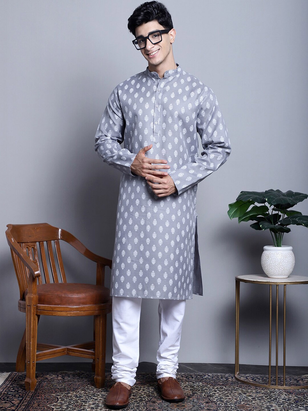 Jompers Ethnic Motifs Woven Design Straight Kurta, Grey