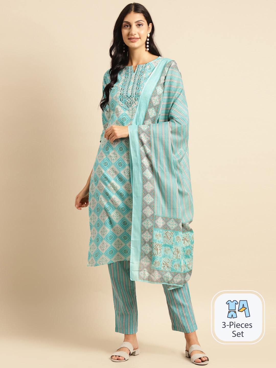 

Sangria Ethnic Motif Printed Mirror Work Pure Cotton Straight Kurta With Trouser & Dupatta, Turquoise blue