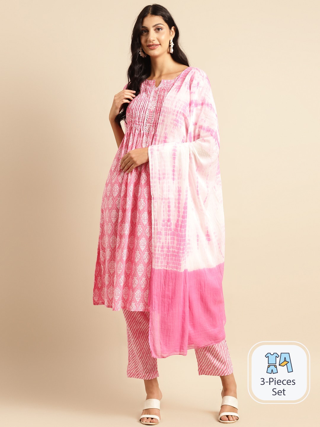 

Sangria Ethnic Motif Printed Pleated Pure Cotton A-Line Kurta & Trouser With Dupatta, Pink