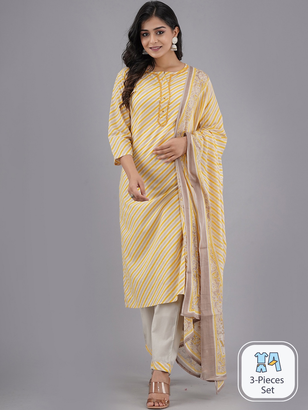 

Sangria Leheriya Pure Cotton Straight Kurta With Trouser & Dupatta, Yellow