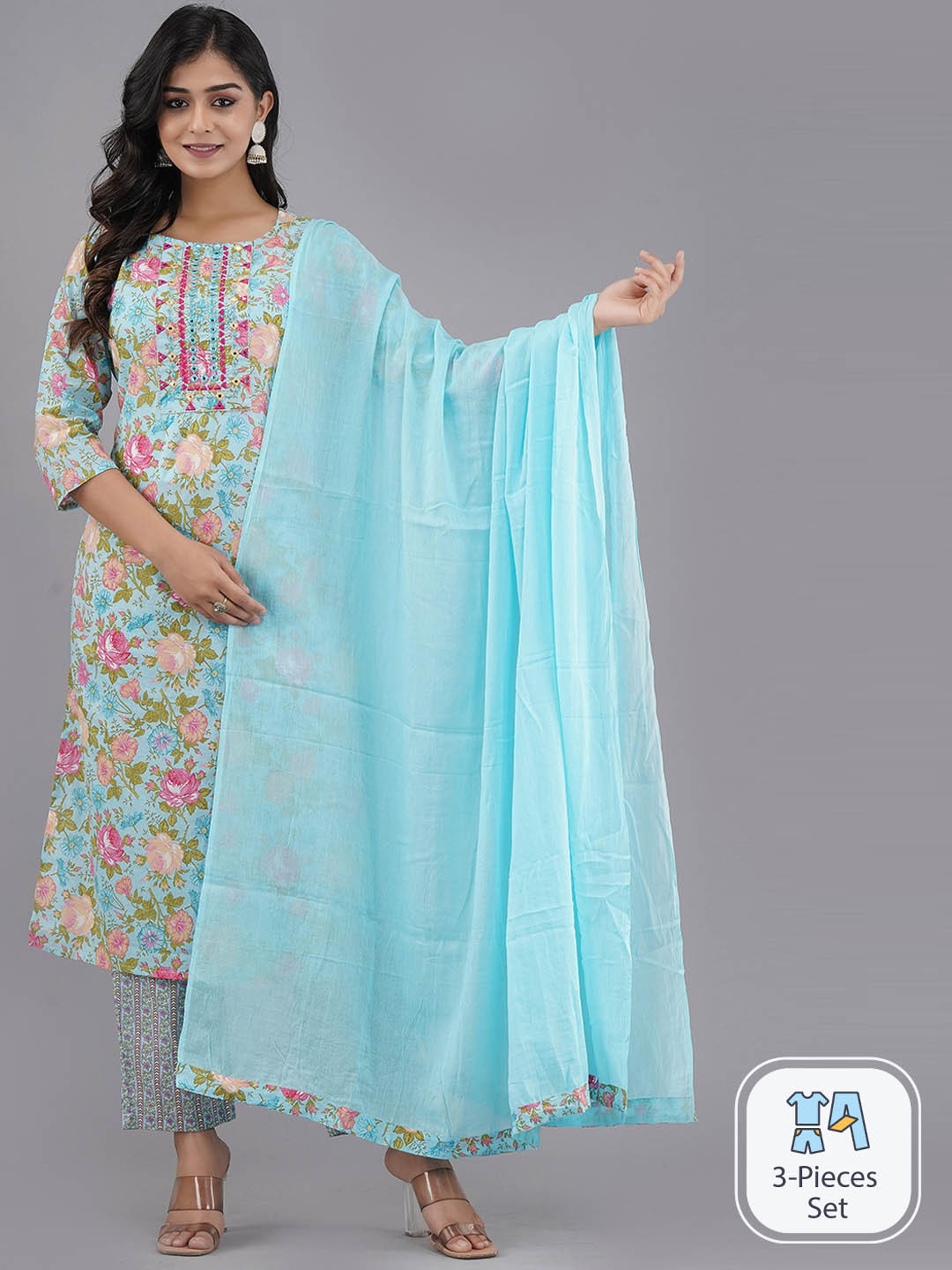 

Sangria Floral Printed Thread Work Pure Cotton Straight Kurta & Trouser With Dupatta Set, Blue