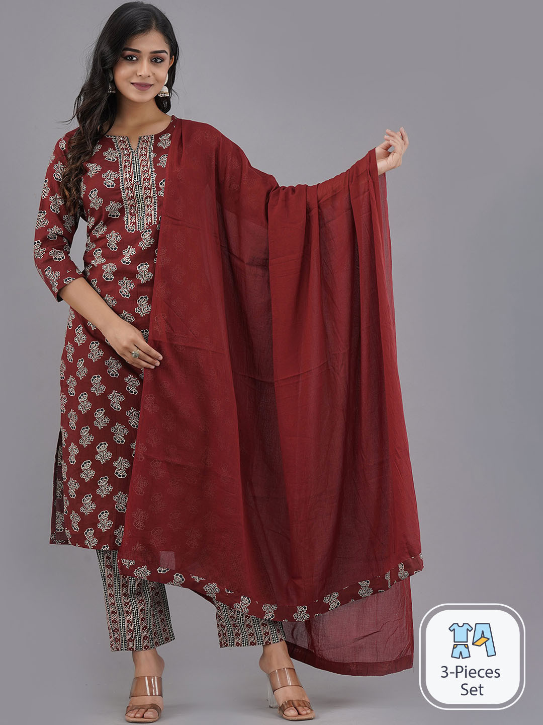 

Sangria Ethnic Motifs Printed Pure Cotton Straight Kurta With Trouser & Dupatta, Maroon