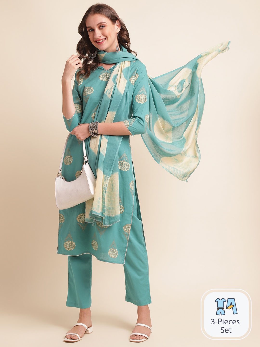 

Sangria Floral Printed Pure Cotton Straight Kurta With Trouser & Dupatta, Sea green