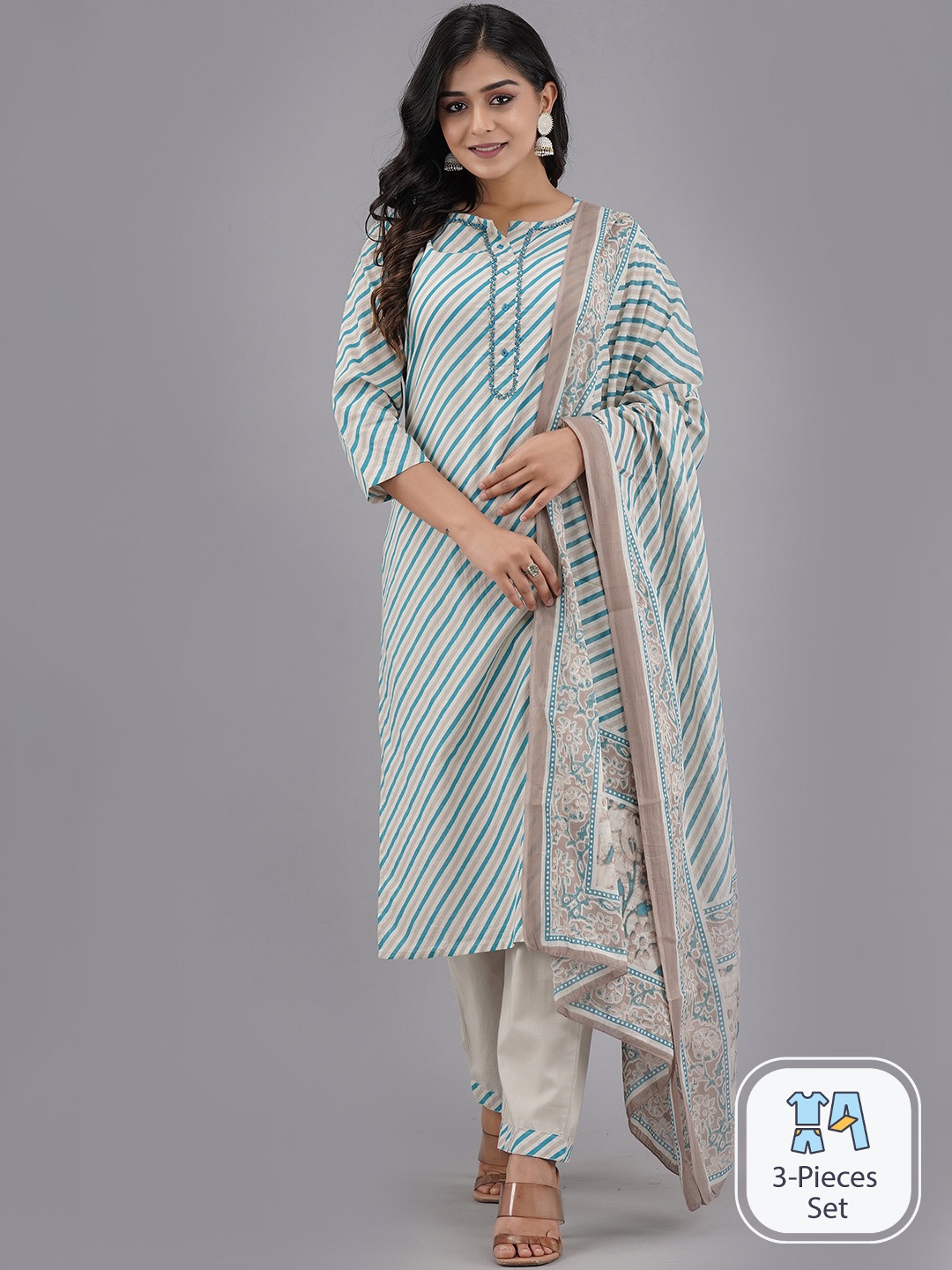 

Sangria Leheriya Pure Cotton Straight Kurta With Trouser & Dupatta, Blue