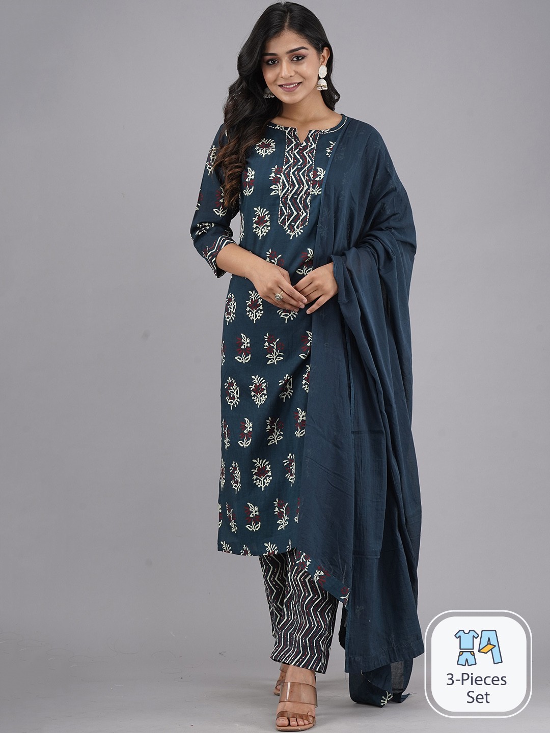 

Sangria Floral Printed Pure Cotton Straight Kurta With Trouser & Dupatta, Navy blue