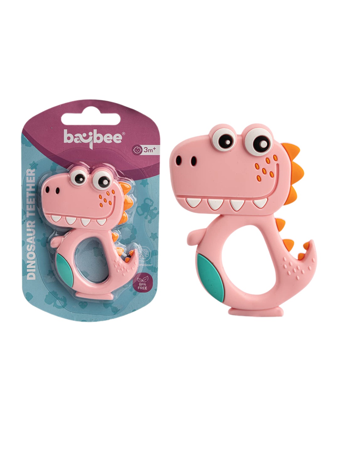 

BAYBEE Infants Textured Dinosaur-Shaped Silicone Chewable Teether, Pink